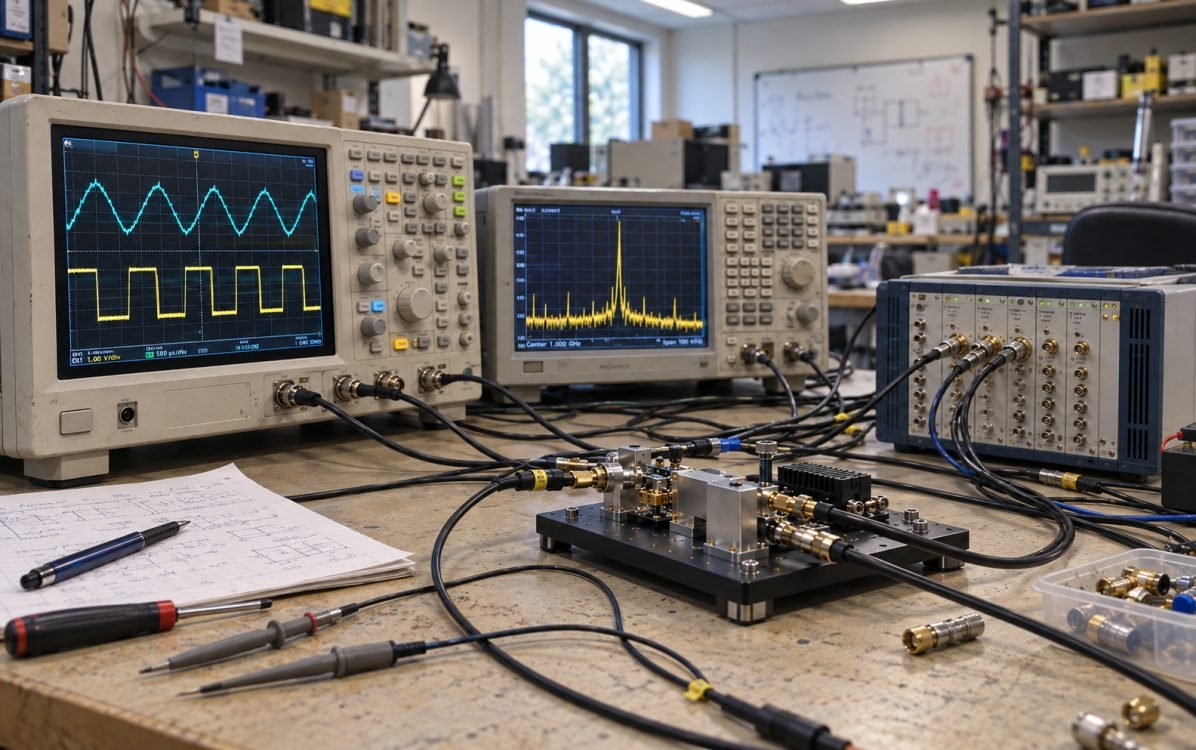 AI-generated concept of an unoccupied signal analysis laboratory with oscilloscopes and acquisition instruments